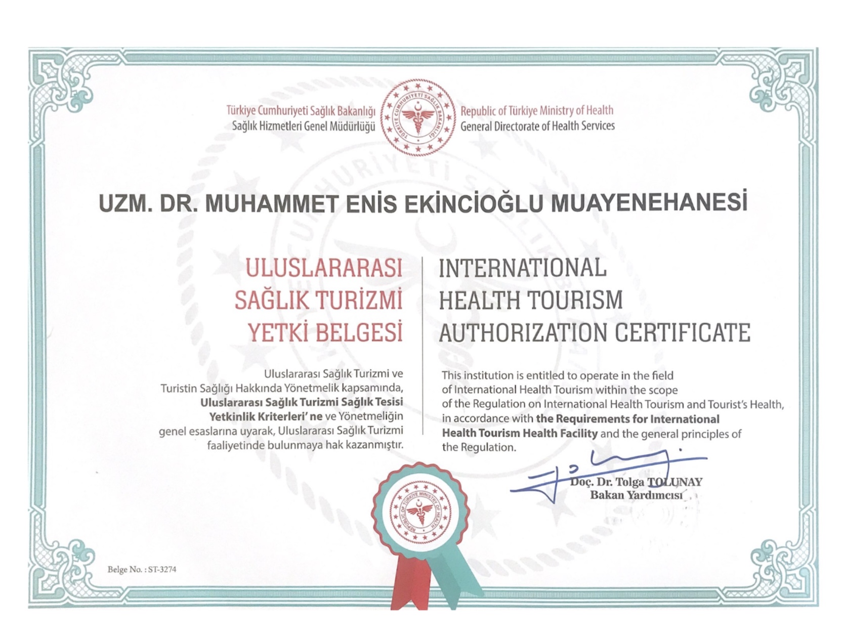 International Health Tourism Authorization Certificate issued by the Republic of Türkiye Ministry of Health