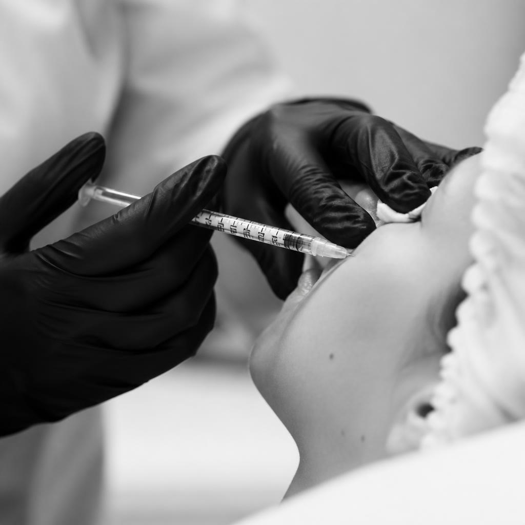 Black and white close-up of a non-surgical injection procedure
