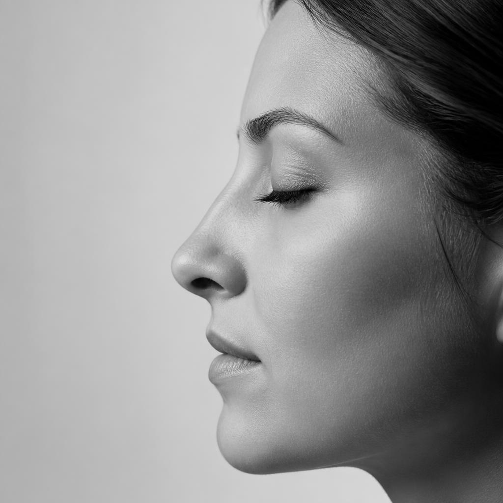 Black and white profile portrait highlighting nasal structure